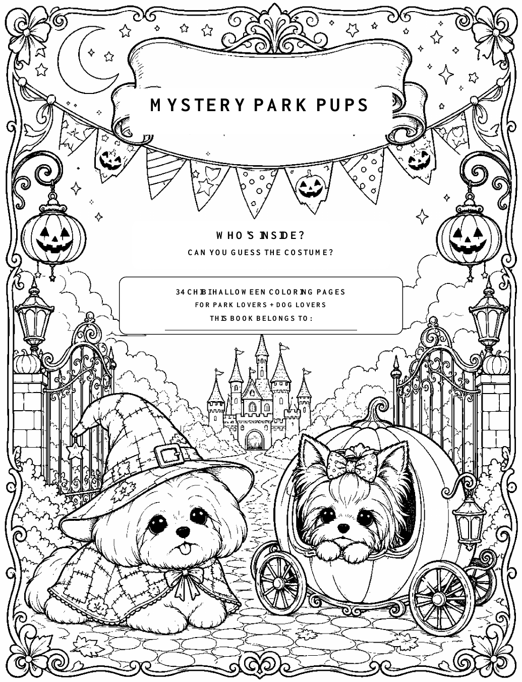 Mystery Park Pups coloring book cover with two costumed little dogs at a magical park gate.