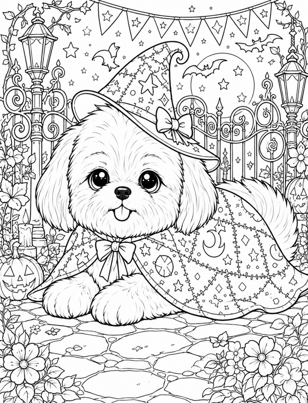 A chibi Maltese puppy in a starry patchwork witch costume.