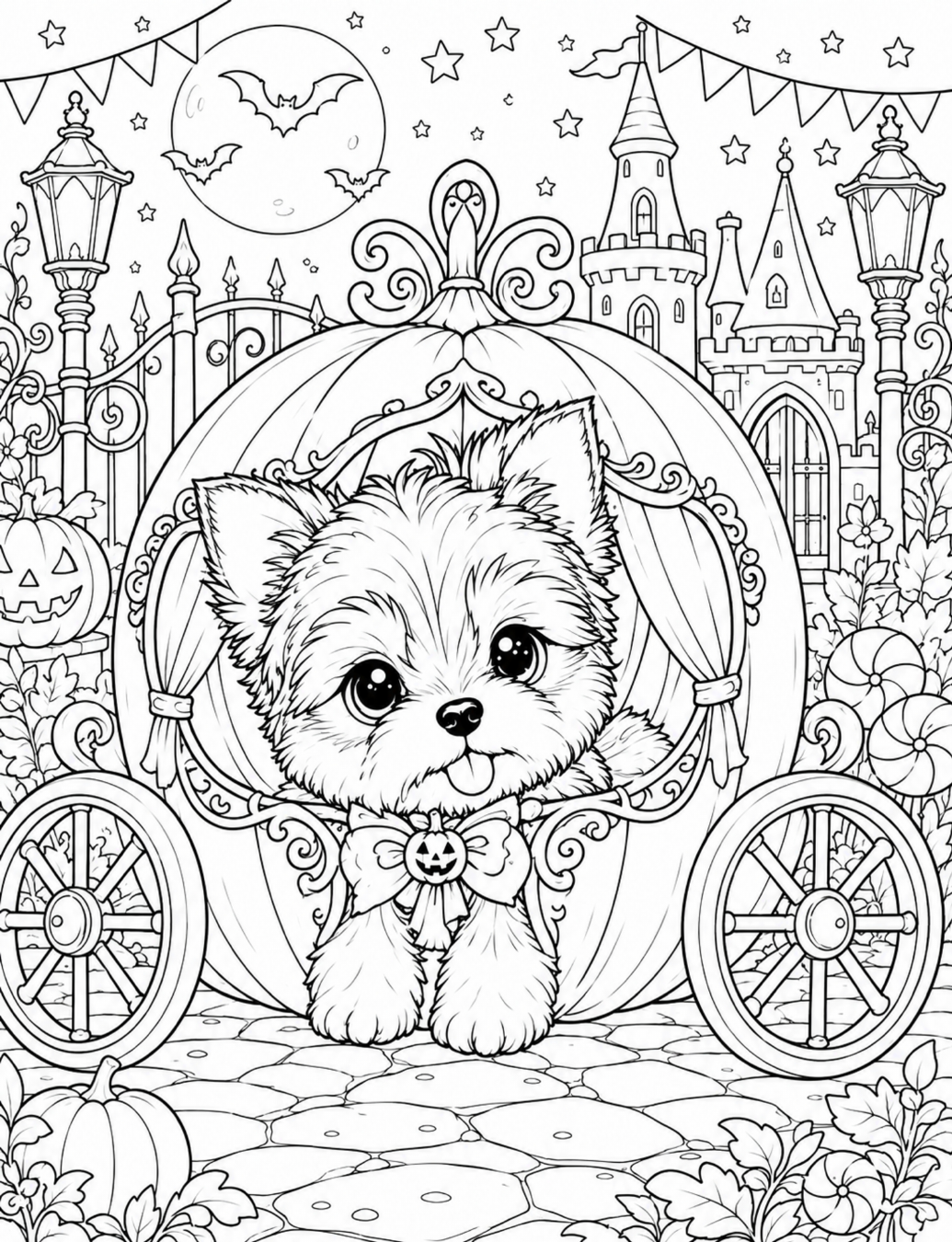 A chibi puppy sitting in a pumpkin carriage at night.